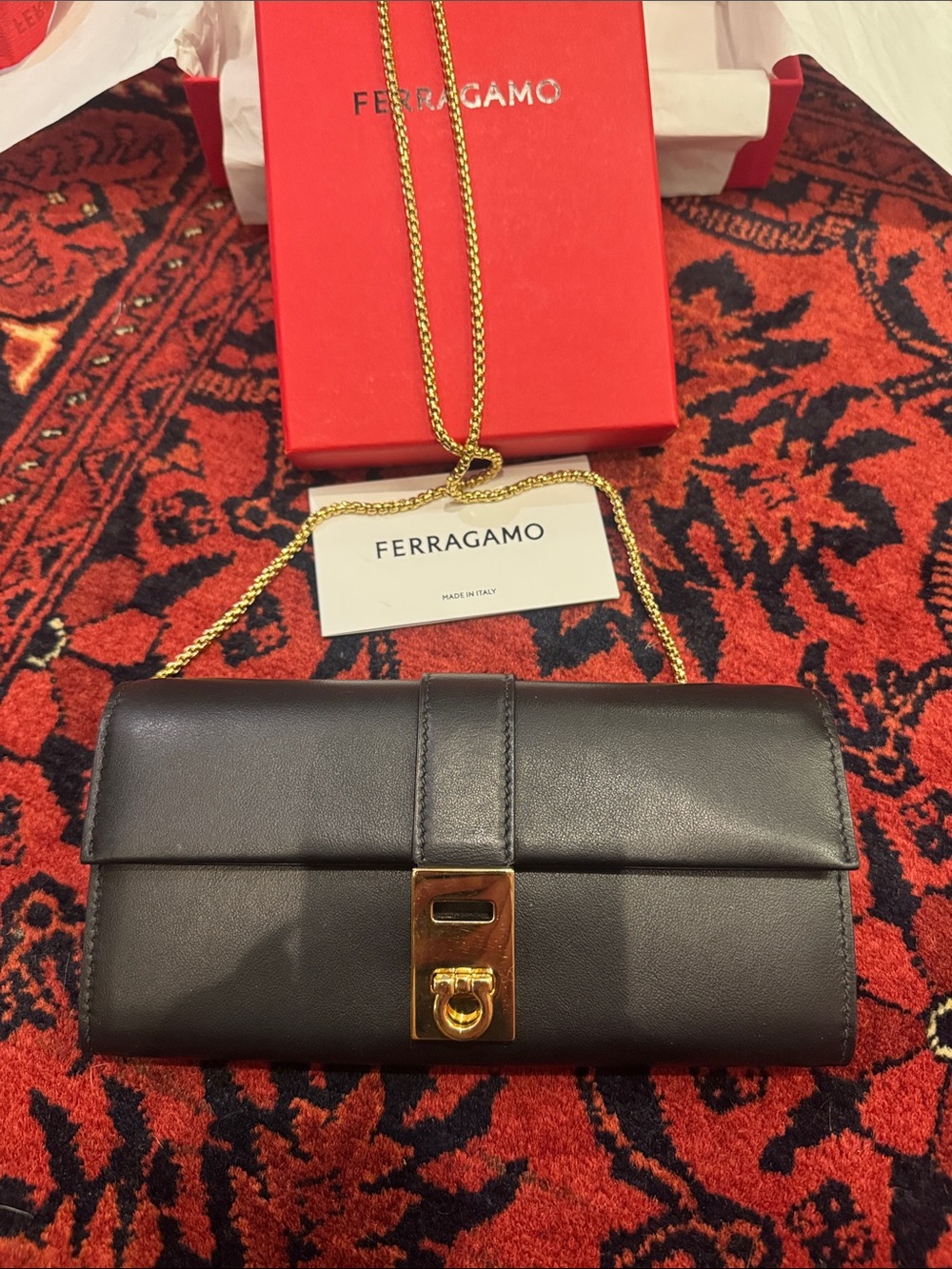 Salvatore Ferragamo Black Leather Wallet with Gold-Tone Clasp